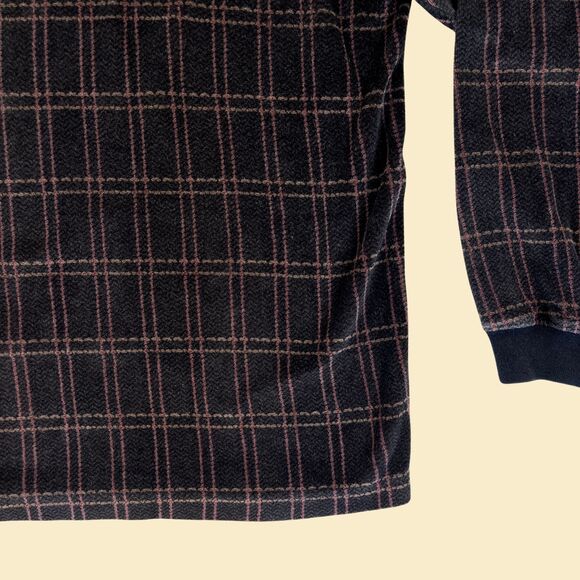 90s XL velour polo shirt, vintage black/purple plaid long sleeve by M.E. Sport - Picture 10 of 10